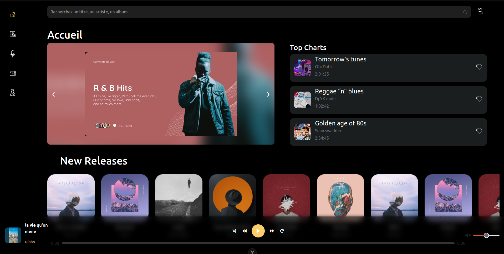 Aperçu d'une application musicale style Deezer